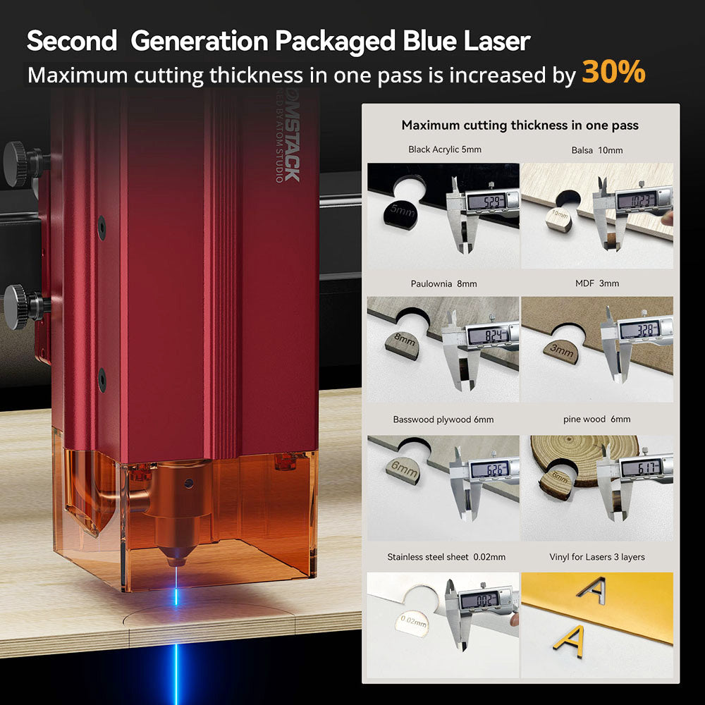 Laserový gravírovací a rezací stroj ATOMSTACK A12 PRO 12W, pevné zaostrenie, presnosť gravírovania 0,02 mm, rýchlosť gravírovania 600 mm/s, 32-bitová základná doska, krížové laserové umiestnenie, ovládanie cez aplikáciu, 365x305 mm