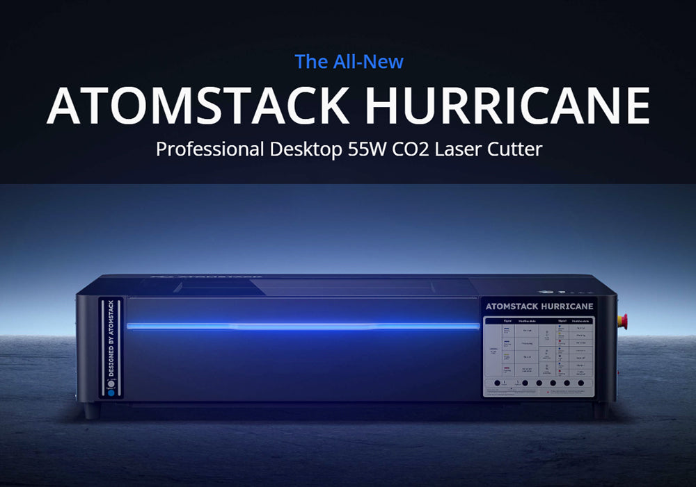 Laserový gravírovací a rezací stroj ATOMSTACK Hurricane CO2 triedy 1, 55 W výkon, 0,01 mm presnosť, 600 mm/s rýchlosť gravírovania, 500*300 mm, viditelný červený svetelný indikátor, 5MP kamera, automatický hasiaci systém, systém odvodzovania dymu