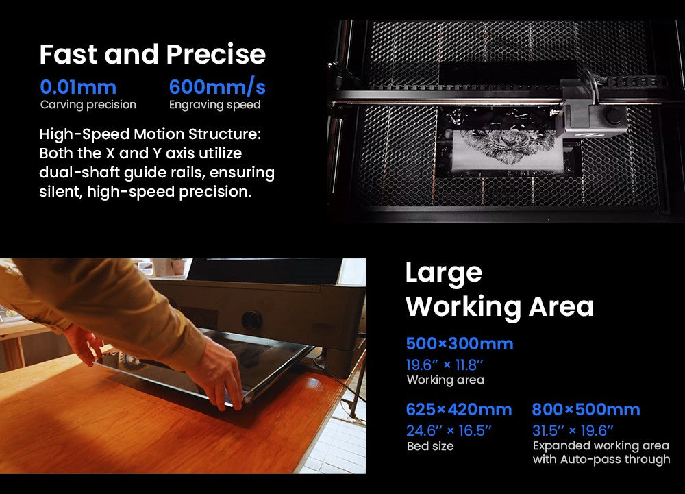 Laserový gravírovací a rezací stroj ATOMSTACK Hurricane CO2 triedy 1, 55 W výkon, 0,01 mm presnosť, 600 mm/s gravírovacia rýchlosť, 500*300 mm, viditelný červený svetelný indikátor, 5MP kamera, automatický hasiaci systém, systém odvodzovania dymu