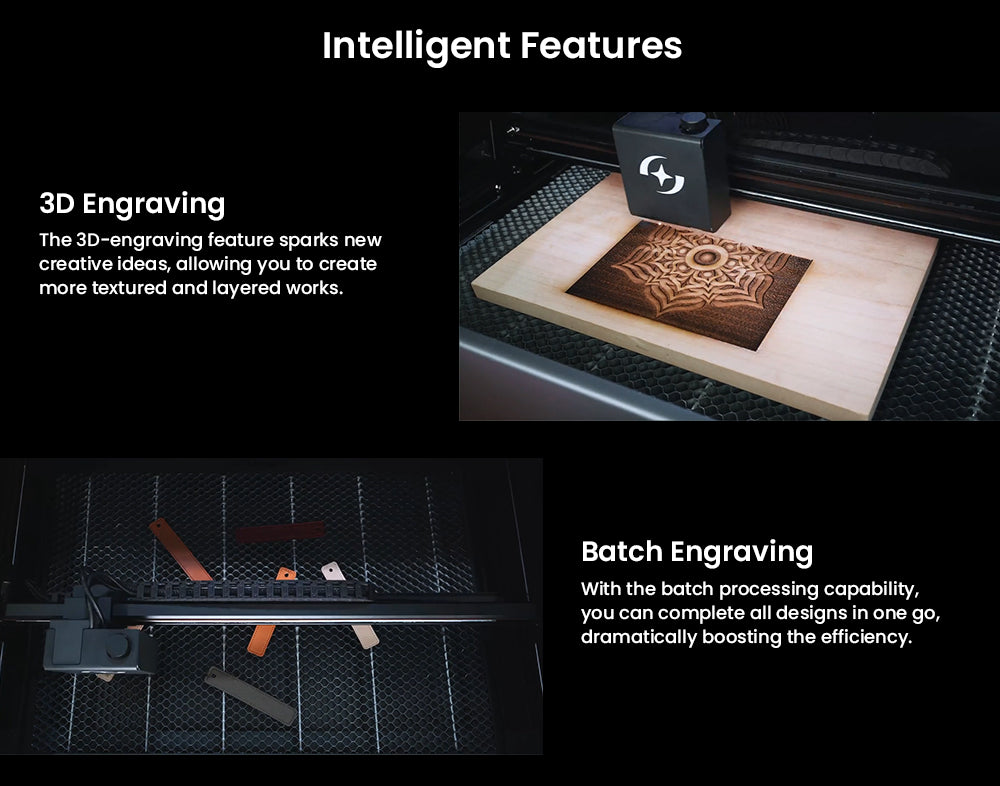 Laserový gravírovací a rezací stroj ATOMSTACK Hurricane CO2 triedy 1, 55 W výkon, 0,01 mm presnosť, 600 mm/s rýchlosť gravírovania, 500*300 mm, viditelný červený svetelný indikátor, 5MP kamera, automatický hasiaci systém, systém odvodzovania dymu