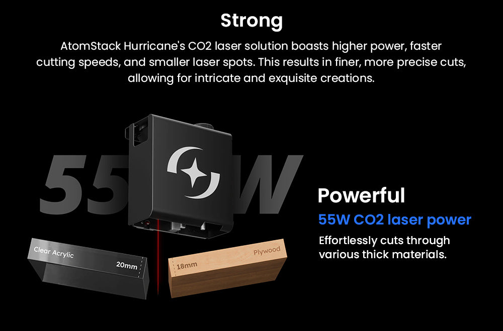 Laserový gravírovací a rezací stroj ATOMSTACK Hurricane CO2 triedy 1, 55 W výkon, 0,01 mm presnosť, 600 mm/s gravírovacia rýchlosť, 500*300 mm, viditelný červený svetelný indikátor, 5MP kamera, automatický hasiaci systém, systém odvodzovania dymu