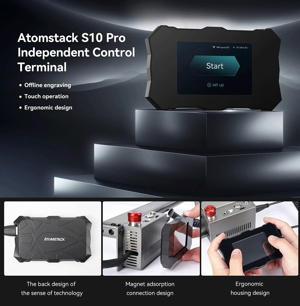 Laserový gravírovací a rezací stroj ATOMSTACK S10 Pro 10W, výkon stroja 50W, pevné zaostrenie, stlačený bod 0,08x0,06 mm, offline prevádzka, 410x400mm