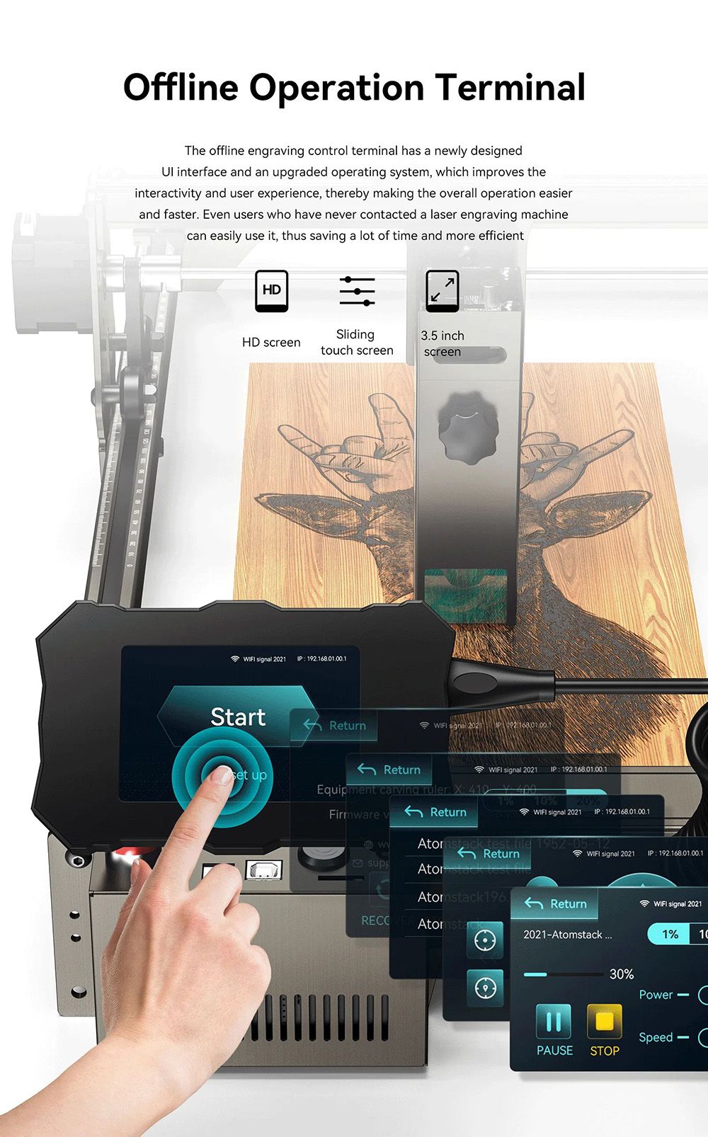 Laserový gravírovací a rezací stroj ATOMSTACK S10 Pro 10W, výkon stroja 50W, pevné zaostrenie, stlačený bod 0,08x0,06 mm, offline prevádzka, 410x400mm