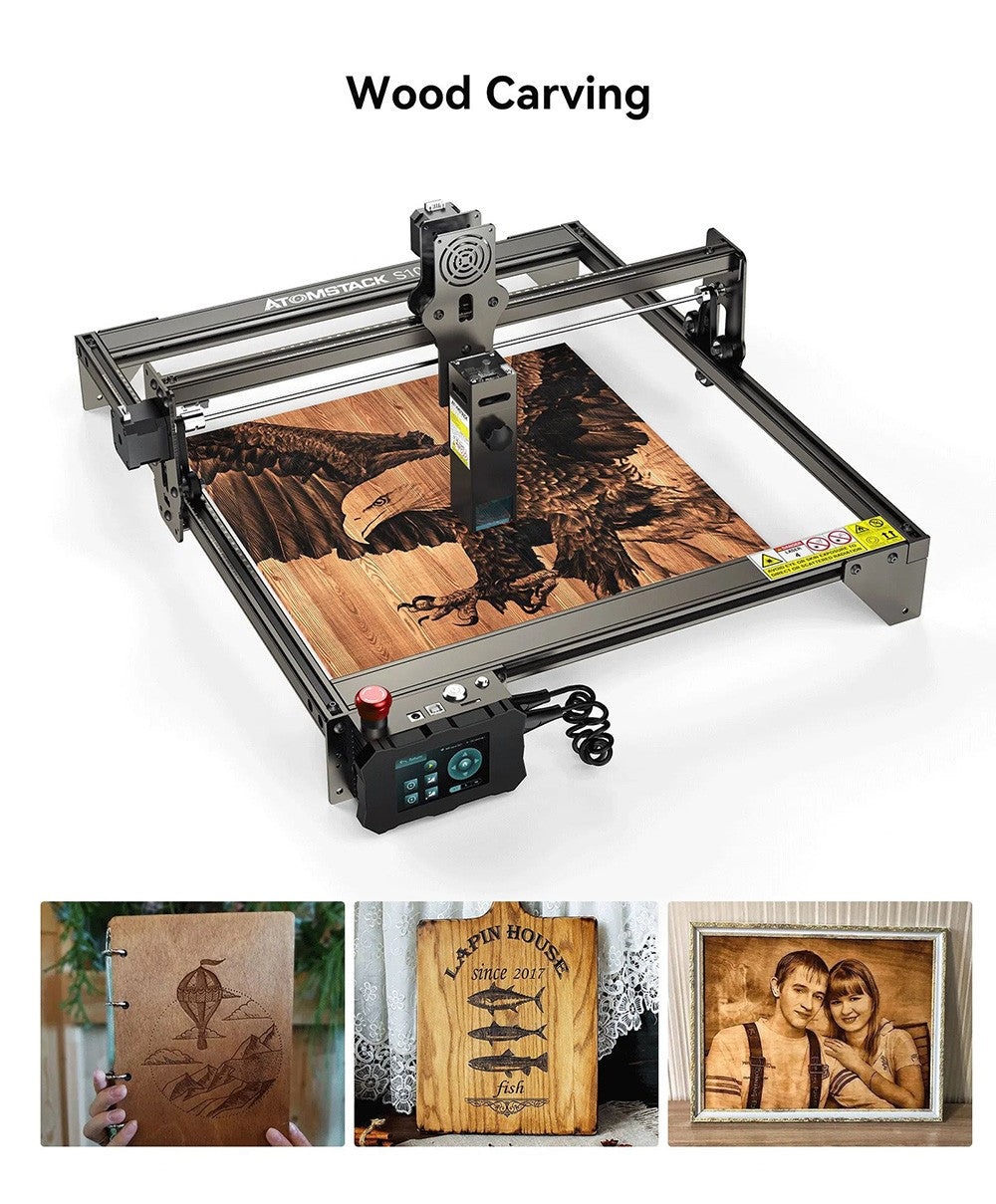 Laserový gravírovací a rezací stroj ATOMSTACK S10 Pro 10W, výkon stroja 50W, pevné zaostrenie, stlačený bod 0,08x0,06 mm, offline prevádzka, 410x400mm