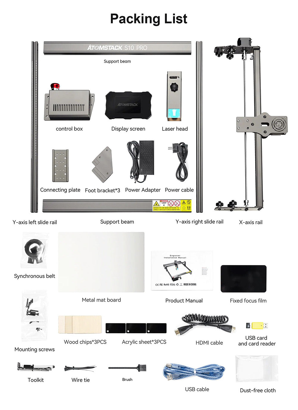 Laserový gravírovací a rezací stroj ATOMSTACK S10 Pro 10W, výkon stroja 50W, pevné zaostrenie, stlačený bod 0,08x0,06 mm, offline prevádzka, 410x400mm