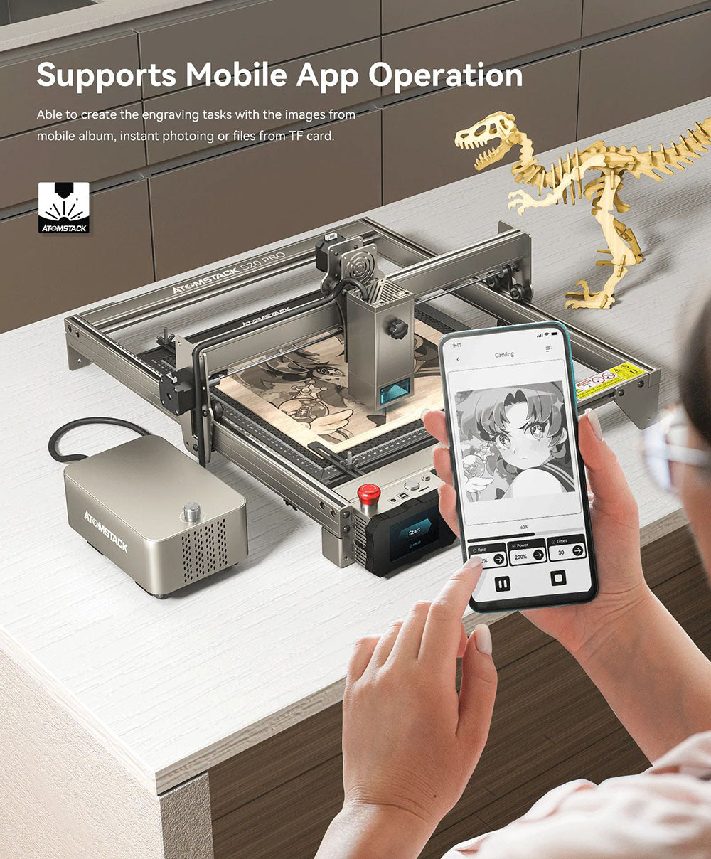 ATOMSTACK S20 Pro 20W laserový gravírovací a rezací stroj s sadou na pomocné prúdenie vzduchu, bez nutnosti zaostrenia, štvorjadrový diodový laser, offline gravírovanie - USA