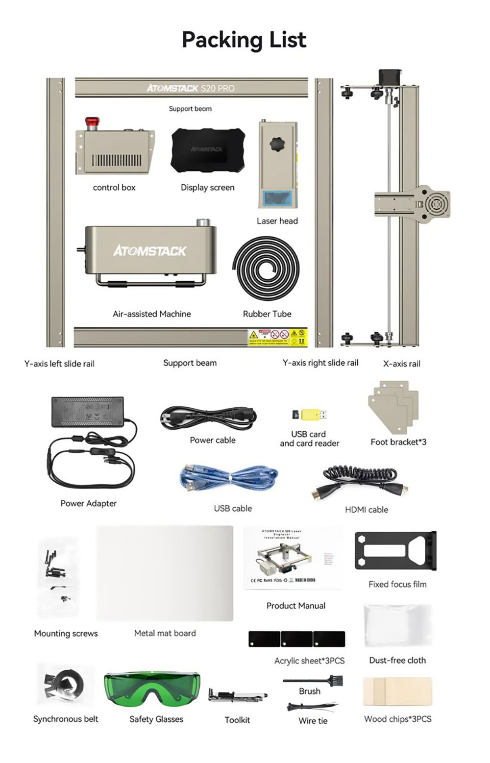ATOMSTACK S20 Pro 20W laserový gravírovací a rezací stroj s sadou na pomocné prúdenie vzduchu, bez nutnosti zaostrenia, štvorjadrový diodový laser, offline gravírovanie - USA