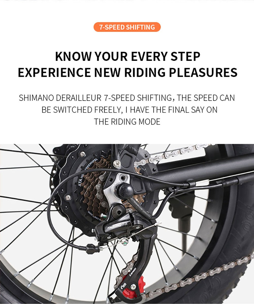 Elektrokolo AVAKA BZ20 PLUS, skladacie, 20*3,0 palcové široké pneumatiky, 500W bezuhlíkový motor, max. rýchlosť 25 km/h, 48V 18,2Ah batéria, dojazd 100 km, max. zaťaženie 120 kg, dvojité kotúčové brzdy, 7-stupňová prevodovka Shimano, vodotesný LCD displej IP54, jednolitý kolesový rám - čierna farba.