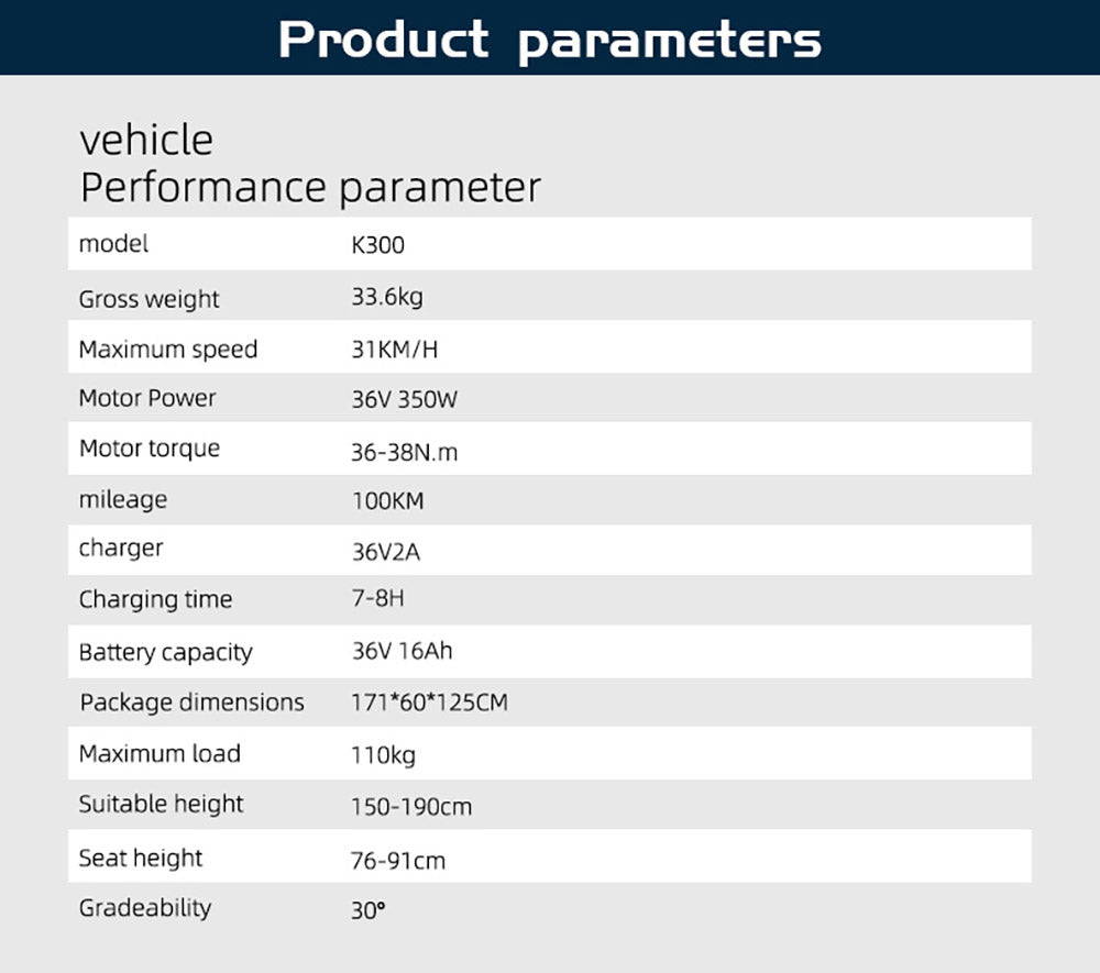 AVAKA K300 skladací elektrokolo, 350W motor, 36V 16Ah batéria, 20*3.0 palcové pneumatiky, max. rýchlosť 31 km/h, dojazd 100 km, predné a zadné kotúčové brzdy, LCD displej, 7-stupňová prevodovka SHIMANO - biela