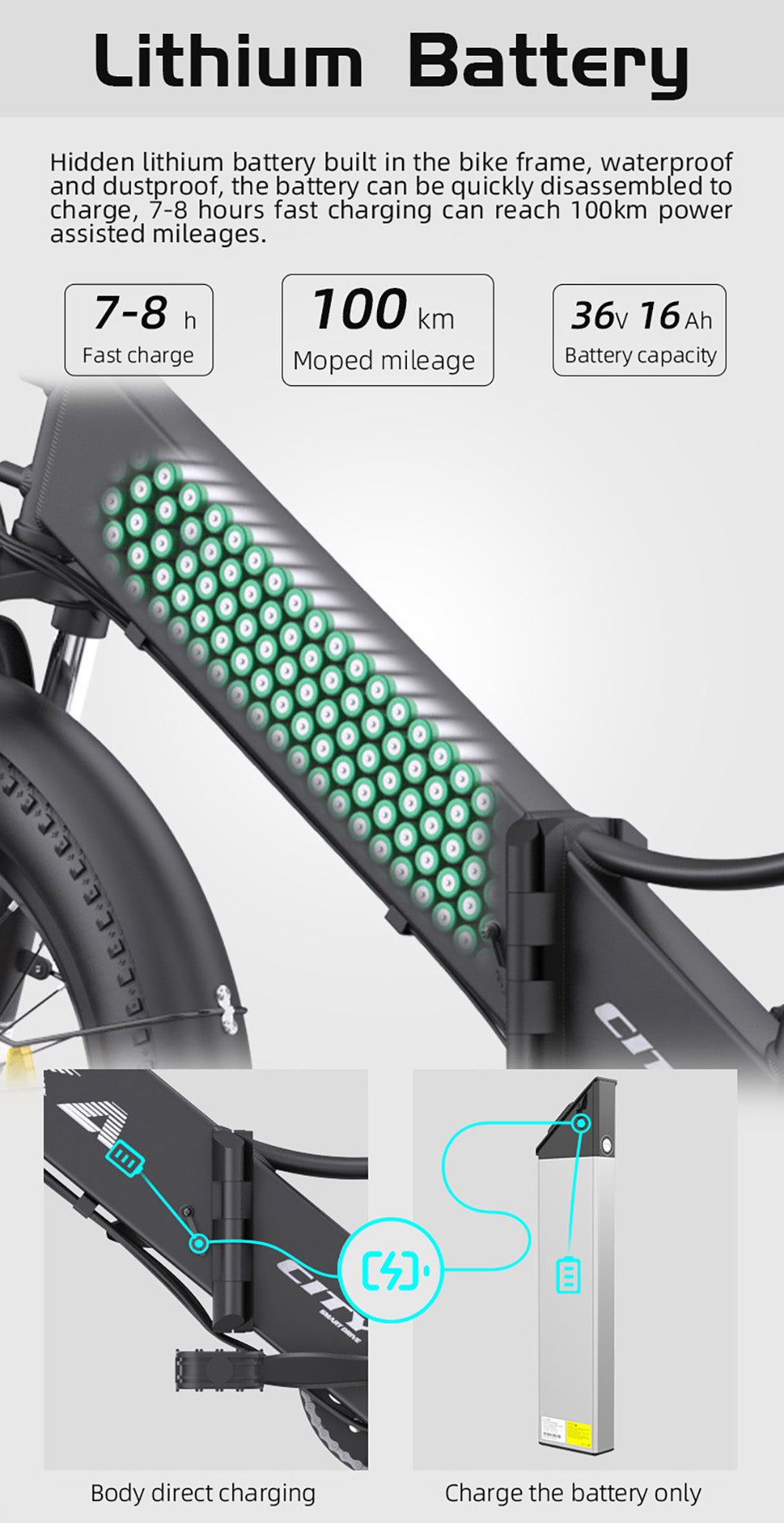 AVAKA K300 skladací elektrokolo, 350W motor, 36V 16Ah batéria, 20*3.0 palcové pneumatiky, max. rýchlosť 31 km/h, dojazd 100 km, predné a zadné kotúčové brzdy, LCD displej, 7-stupňová prevodovka SHIMANO - biela