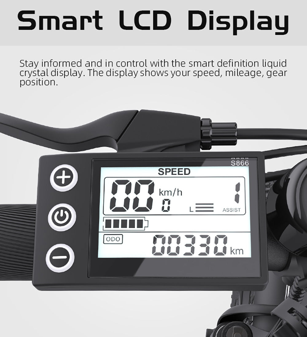 AVAKA K300 skladací elektrokolo, 350W motor, 36V 16Ah batéria, 20*3.0 palcové pneumatiky, max. rýchlosť 31 km/h, dojazd 100 km, predné a zadné kotúčové brzdy, LCD displej, 7-stupňová prevodovka SHIMANO - biela