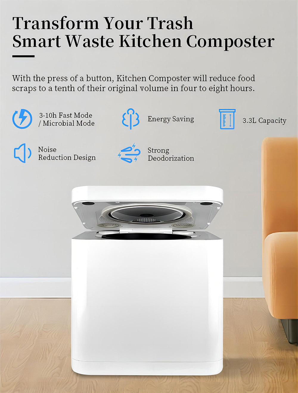 Kuchynský kompostér BEECO HQD-314Pro, kapacita 3,3 l, premieňa odpad na prírodné hnojivo, zabudované UVC svetlo, detský zámok, LCD obrazovka