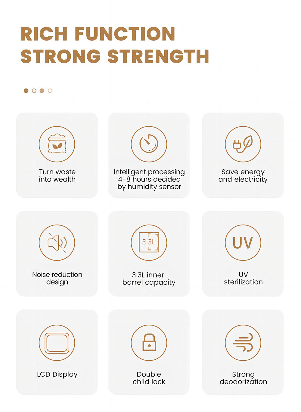 Kuchynský kompostér BEECO HQD-314Pro, kapacita 3,3 l, premieňa odpad na prírodné hnojivo, zabudované UVC svetlo, detský zámok, LCD obrazovka