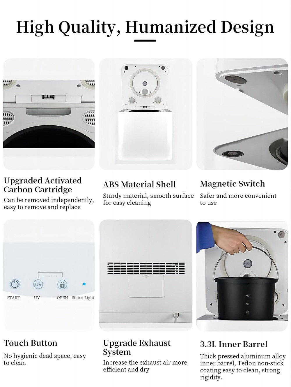 Kuchynský kompostér BEECO HQD-314Pro, kapacita 3,3 l, premieňa odpad na prírodné hnojivo, zabudované UVC svetlo, detský zámok, LCD obrazovka