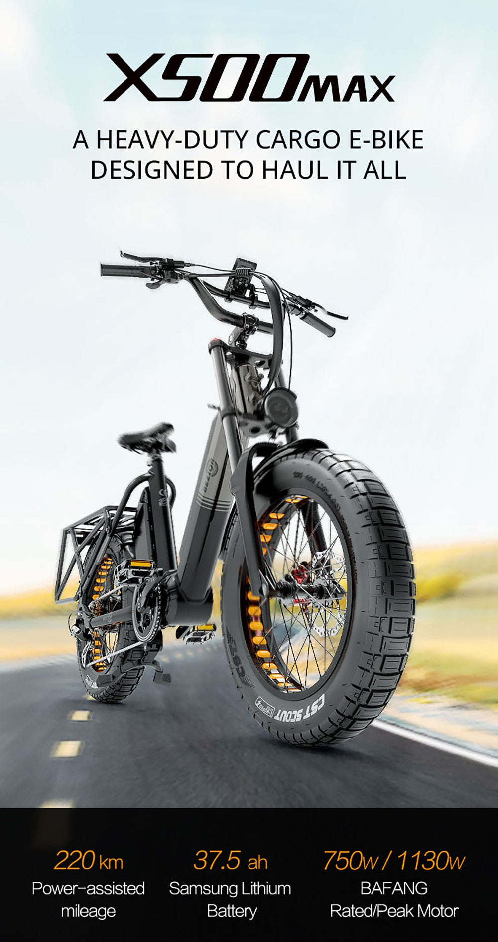 Elektrokol Bezior X500 MAX, 750W motor Bafang, 48V 37,5Ah odnímateľná batéria, 20*4,0 palcové široké pneumatiky, max. rýchlosť 48 km/h, dojazd 220 km, predná pružinová vidlica, hydraulické kotúčové brzdy, 7-stupňová prevodovka Shimano.