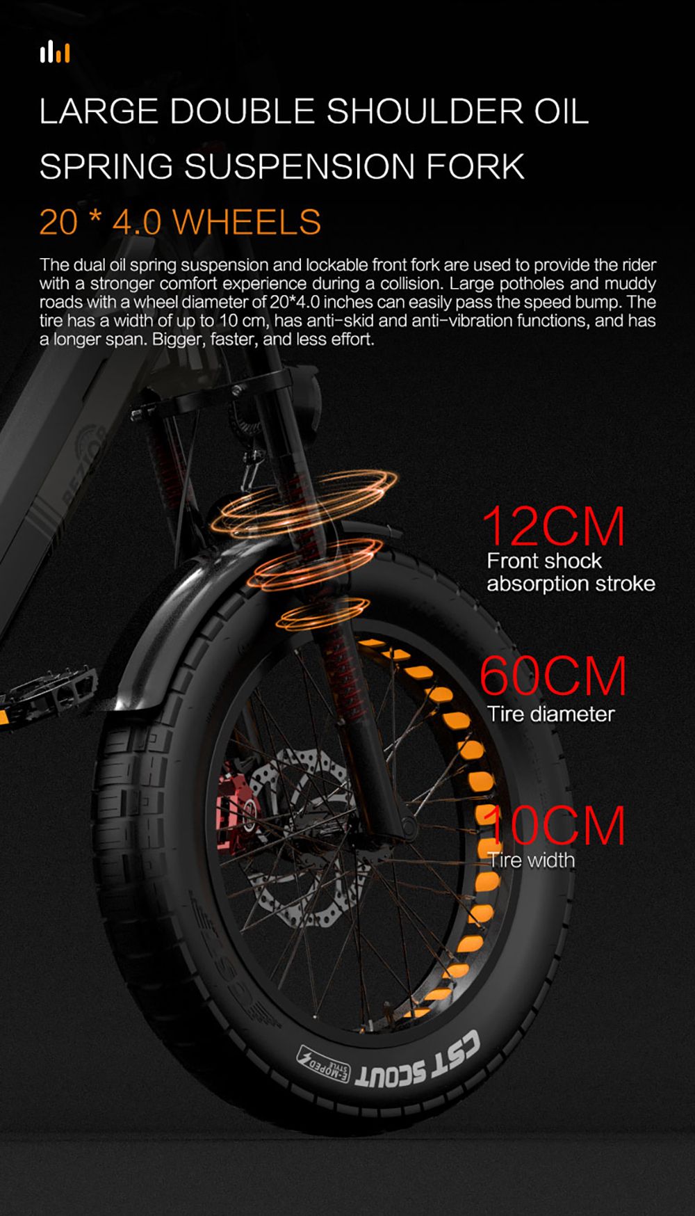 Elektrokol Bezior X500 MAX, 750W motor Bafang, 48V 37,5Ah odnímateľná batéria, 20*4,0 palcové široké pneumatiky, max. rýchlosť 48 km/h, dojazd 220 km, predná pružinová vidlica, hydraulické kotúčové brzdy, 7-stupňová prevodovka Shimano.