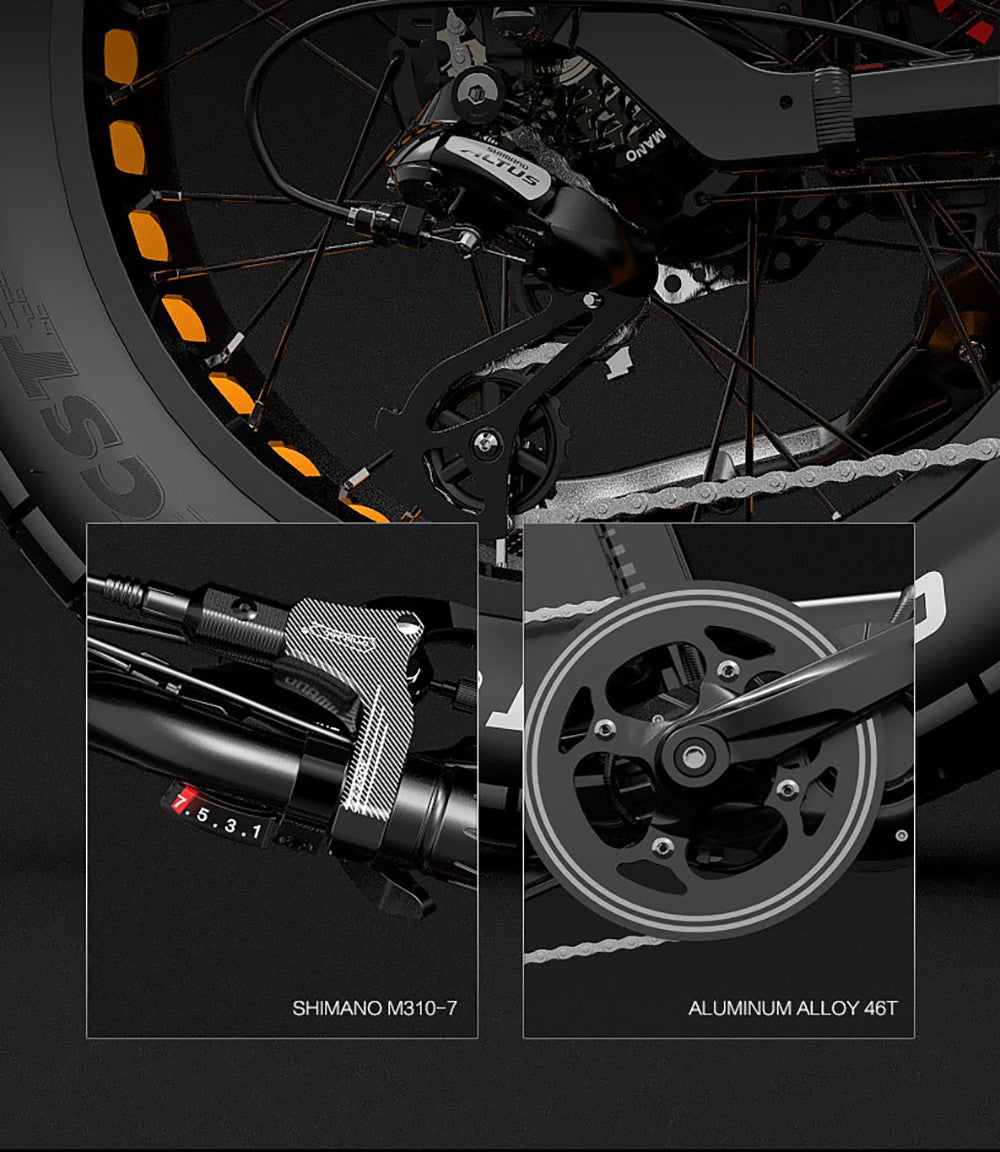 Elektrokol Bezior X500 MAX, 750W motor Bafang, 48V 37,5Ah odnímateľná batéria, 20*4,0 palcové široké pneumatiky, max. rýchlosť 48 km/h, dojazd 220 km, predná pružinová vidlica, hydraulické kotúčové brzdy, 7-stupňová prevodovka Shimano.