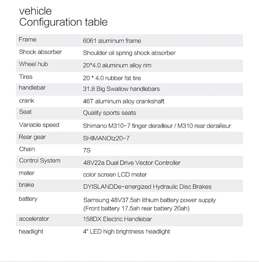 Elektrokol Bezior X500 MAX, 750W motor Bafang, 48V 37,5Ah odnímateľná batéria, 20*4,0 palcové široké pneumatiky, max. rýchlosť 48 km/h, dojazd 220 km, predná pružinová vidlica, hydraulické kotúčové brzdy, 7-stupňová prevodovka Shimano.