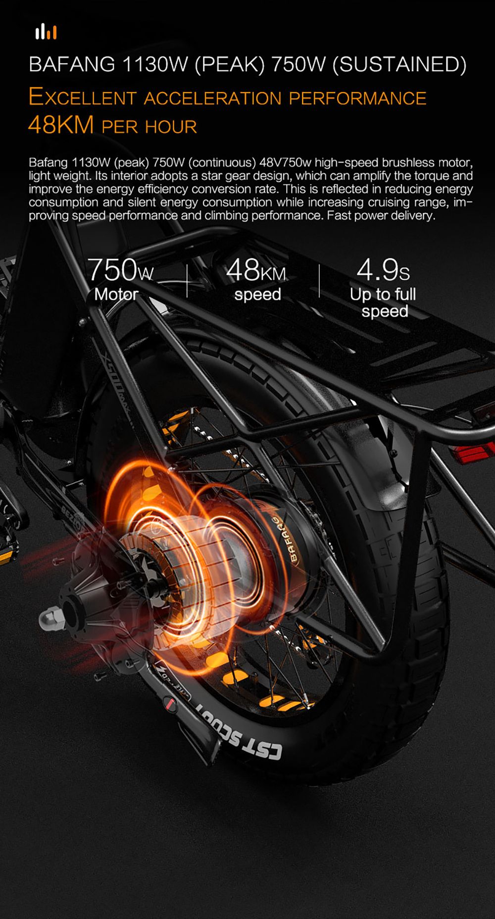 Elektrokol Bezior X500 MAX, 750W motor Bafang, 48V 37,5Ah odnímateľná batéria, 20*4,0 palcové široké pneumatiky, max. rýchlosť 48 km/h, dojazd 220 km, predná pružinová vidlica, hydraulické kotúčové brzdy, 7-stupňová prevodovka Shimano.