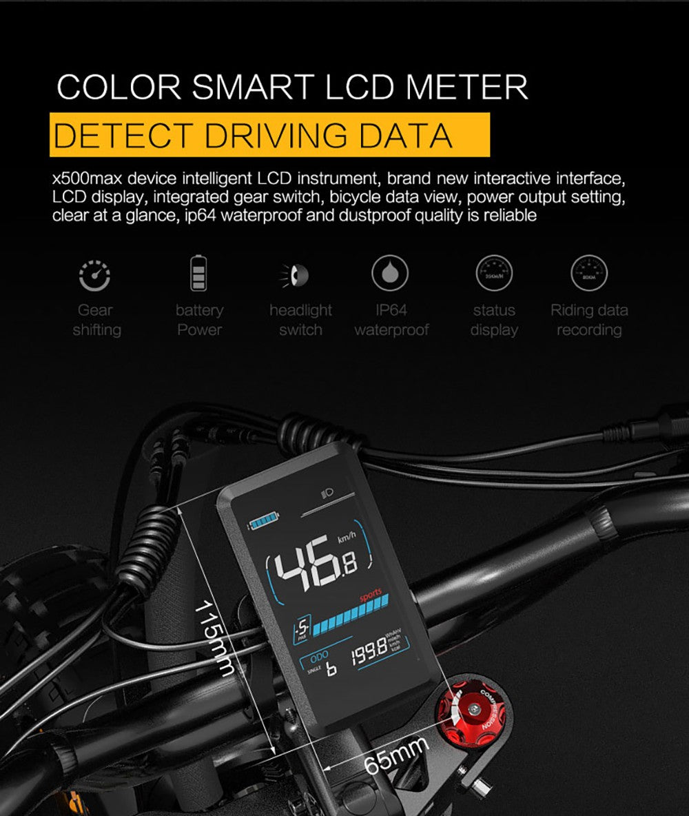 Elektrokol Bezior X500 MAX, 750W motor Bafang, 48V 37,5Ah odnímateľná batéria, 20*4,0 palcové široké pneumatiky, max. rýchlosť 48 km/h, dojazd 220 km, predná pružinová vidlica, hydraulické kotúčové brzdy, 7-stupňová prevodovka Shimano.