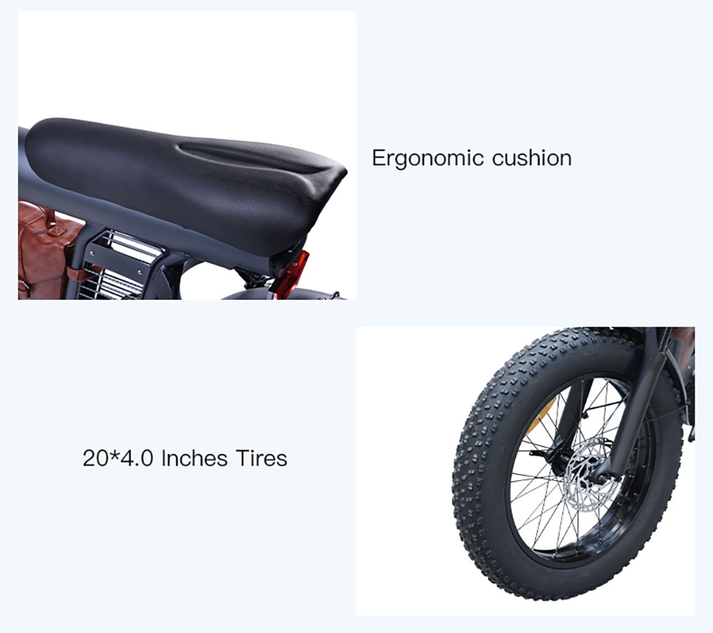 Elektrokolo BEZIOR XF006, motor 1200 W, batéria 48 V 23,2 Ah, pneumatiky 20*4,0 palcov, max. rýchlosť 47 km/h, dojazd 100 km, hydraulické brzdy, pružinové odpruženie, 7-stupňová prevodovka Shimano, LCD displej