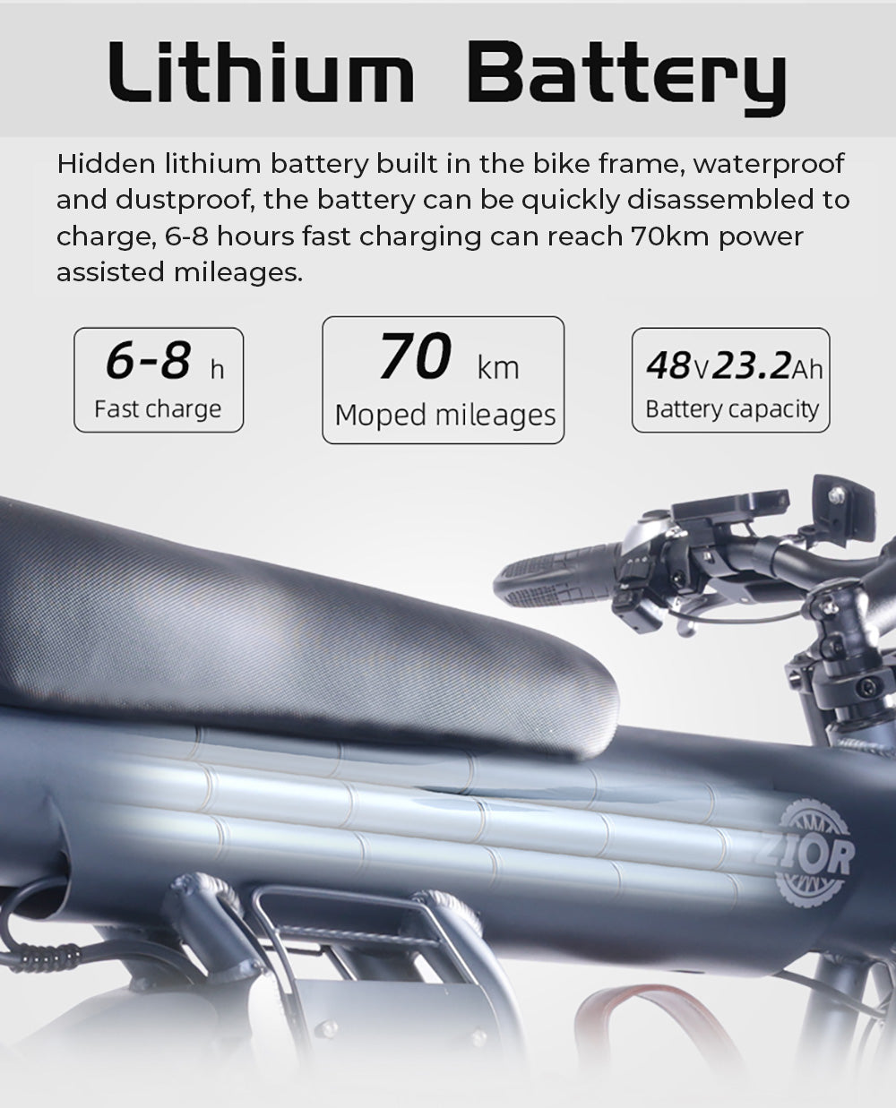 Elektrokolo BEZIOR XF006, motor 1200 W, batéria 48 V 23,2 Ah, pneumatiky 20*4,0 palcov, max. rýchlosť 47 km/h, dojazd 100 km, hydraulické brzdy, pružinové odpruženie, 7-stupňová prevodovka Shimano, LCD displej