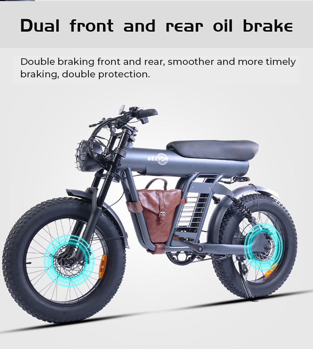 Elektrokolo BEZIOR XF006, motor 1200 W, batéria 48 V 23,2 Ah, pneumatiky 20*4,0 palcov, max. rýchlosť 47 km/h, dojazd 100 km, hydraulické brzdy, pružinové odpruženie, 7-stupňová prevodovka Shimano, LCD displej