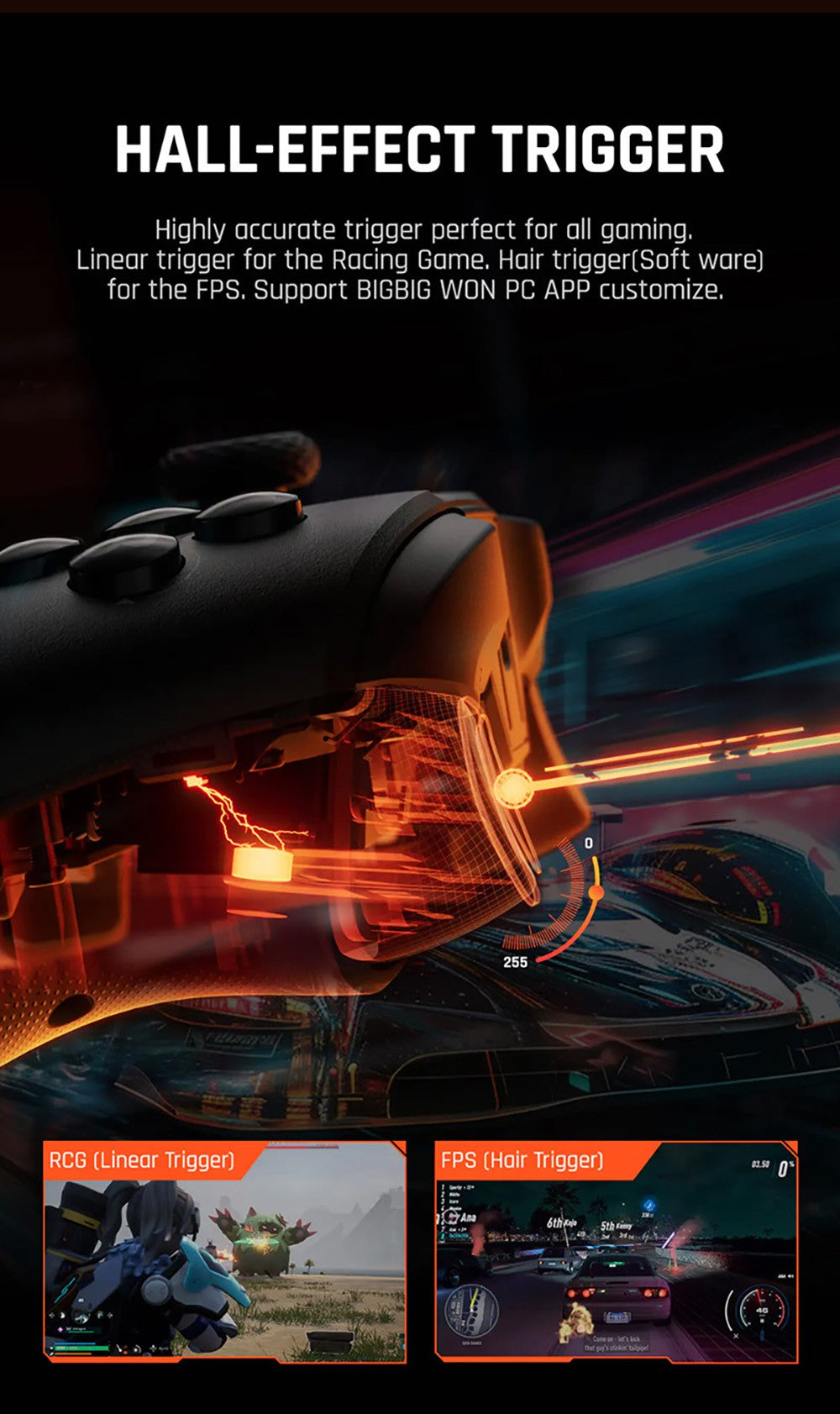 Bezdrátový herní ovladač BIGBIG WON GALE HALL, 3 režimy pripojenia, Hallov joystick a spoušť, kompatibilný s Switch / PC / iOS / Android