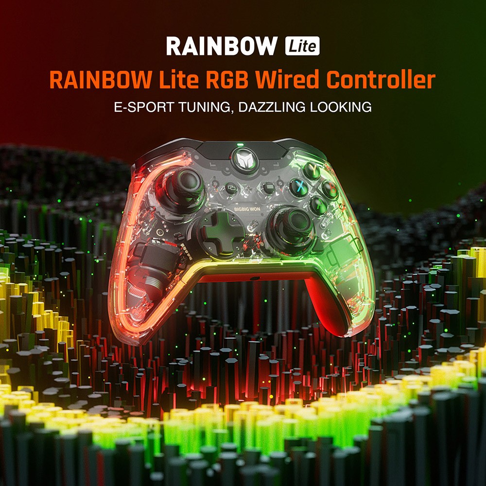BIGBIG WON Rainbow Lite Wired Game Controller, RGB podsvietenie, tlačidlá na mieru, kompatibilný s konzolou Switch / PC s Windows 10 a 11