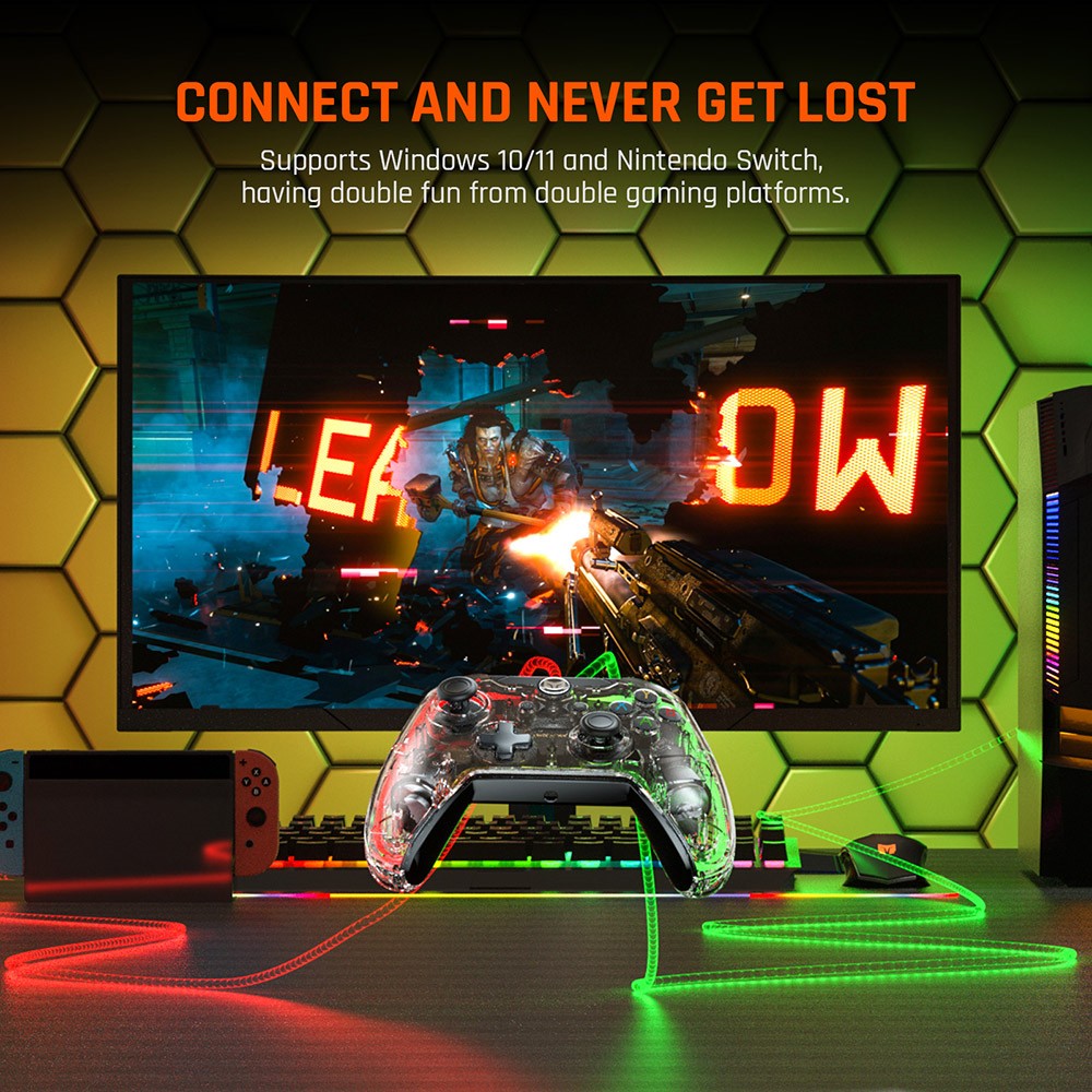 BIGBIG WON Rainbow Lite Wired Game Controller, RGB podsvietenie, tlačidlá na mieru, kompatibilný s konzolou Switch / PC s Windows 10 a 11