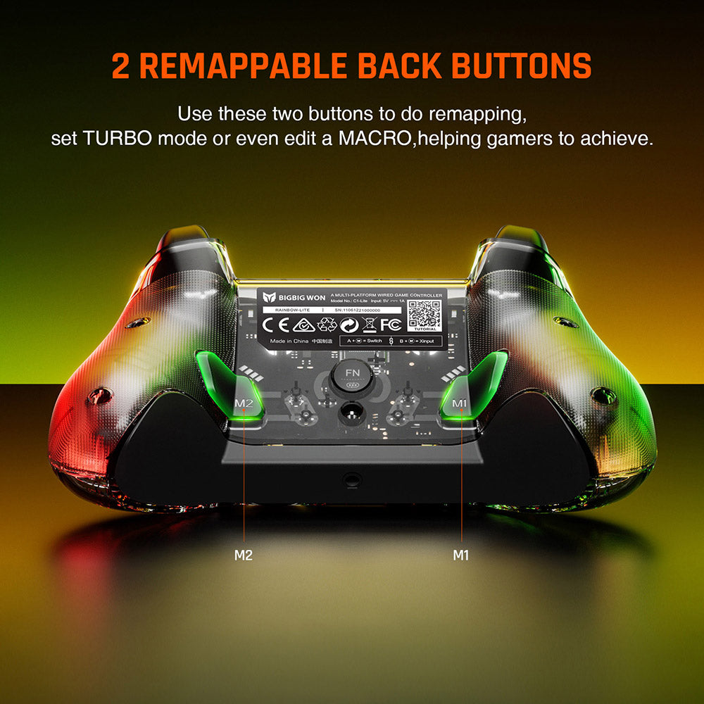 BIGBIG WON Rainbow Lite Wired Game Controller, RGB podsvietenie, prispôsobiteľné tlačidlá, kompatibilný s konzolou Switch / PC s operačným systémom Windows 10 a 11