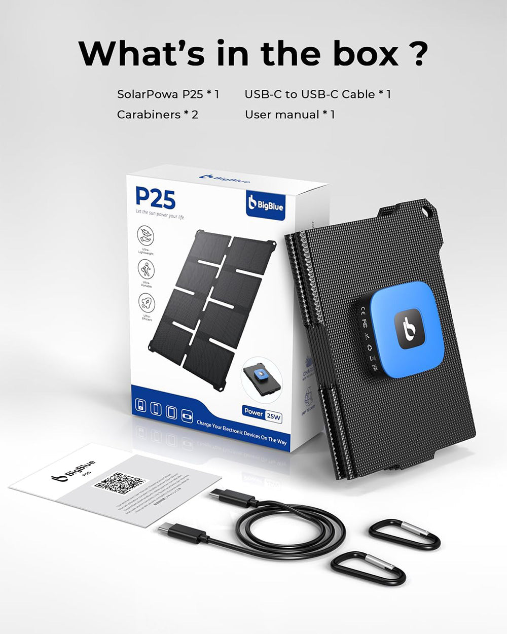 BigBlue P25 25W Prenosná Solárna Nabíjačka, USB-A a USB-C Porty, Vodotesná IP68, pre Batohy, Kompatibilná s Mobilnými Telefónmi, Tablety, Power Bankami