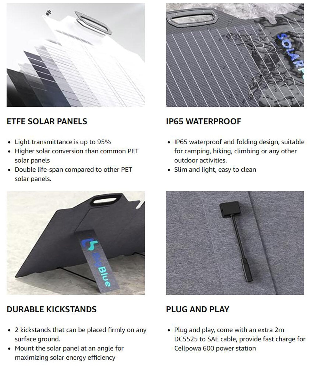Bigblue SolarPowa 100 100W skladací solárny panel s podperami, účinnosť prevodu energie 23,5 %, vodotesný IP65