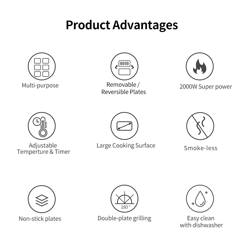 Elektrický kontaktný gril BioloMix BCG02D s výkonom 2000 W, odnímateľné/oboustranné a nepriľnavé platne, bezdymový, LCD displej a digitálne ovládanie, otvára sa do 180 stupňov.