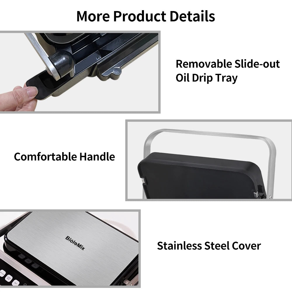 Elektrický kontaktný gril BioloMix BCG02D 2000 W, odnímateľné/oboustranné a nepriľnavé platne, bezdymový, LCD displej a digitálne ovládanie, otvára sa o 180 stupňov.
