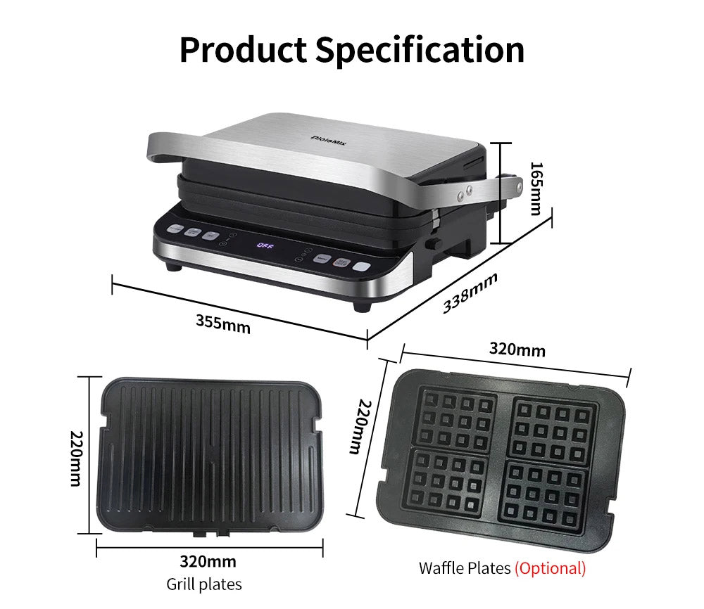 Elektrický kontaktný gril BioloMix BCG02D 2000 W, odnímateľné/oboustranné a nepriľnavé platne, bezdymový, LCD displej a digitálne ovládanie, otvára sa o 180 stupňov.