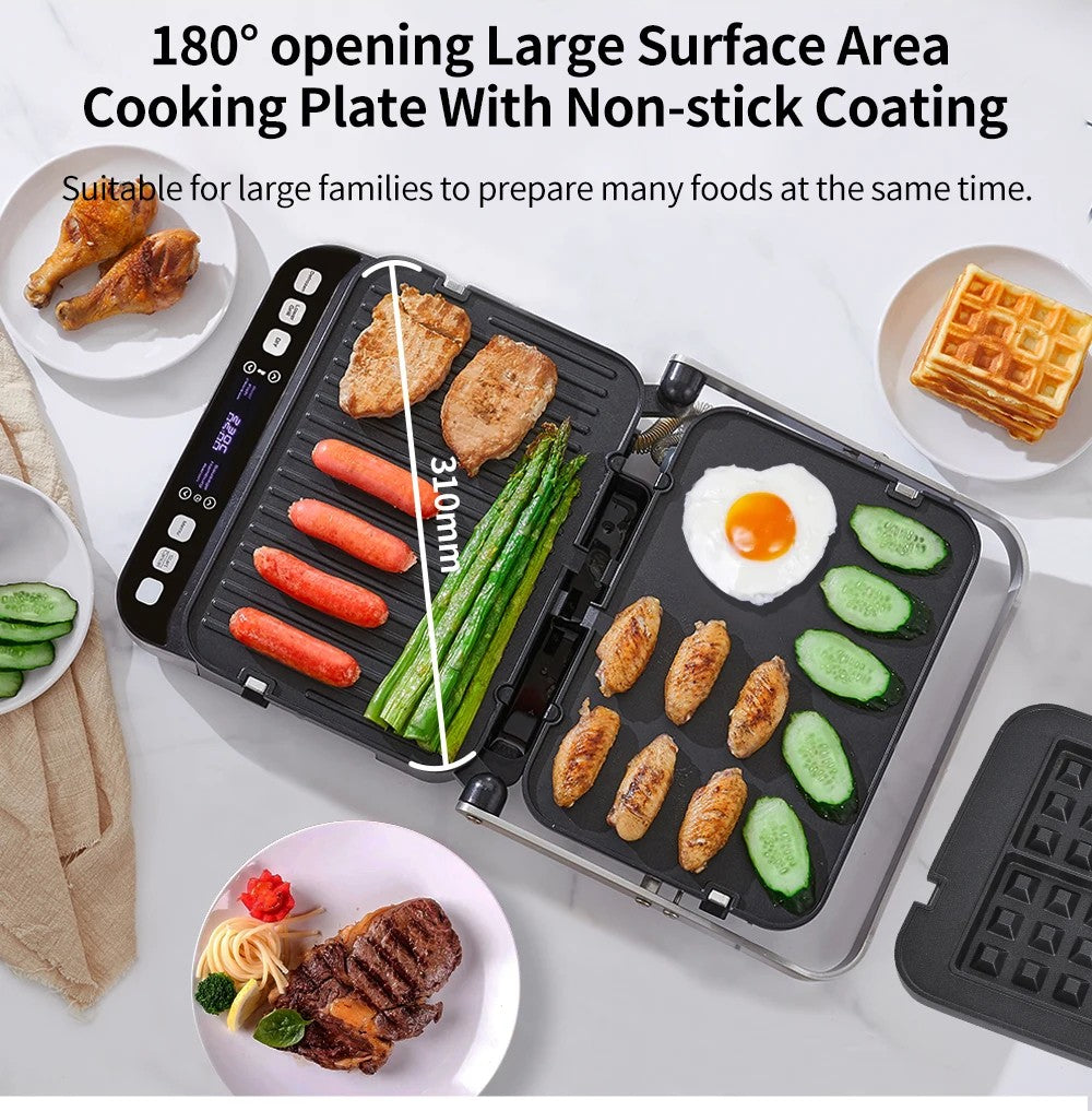 Elektrický kontaktný gril BioloMix BCG02D s výkonom 2000 W, odnímateľné/oboustranné a nepriľnavé platne, bezdymový, LCD displej a digitálne ovládanie, otvára sa do 180 stupňov.