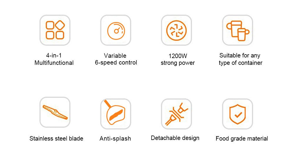 Ručný mixér BioloMix BHB1200 4 v 1 s výkonom 1200 W, 6-stupňové ovládanie, nerezový nôž, 500ml nádoba na sekanie, 600ml pohár na smoothie
