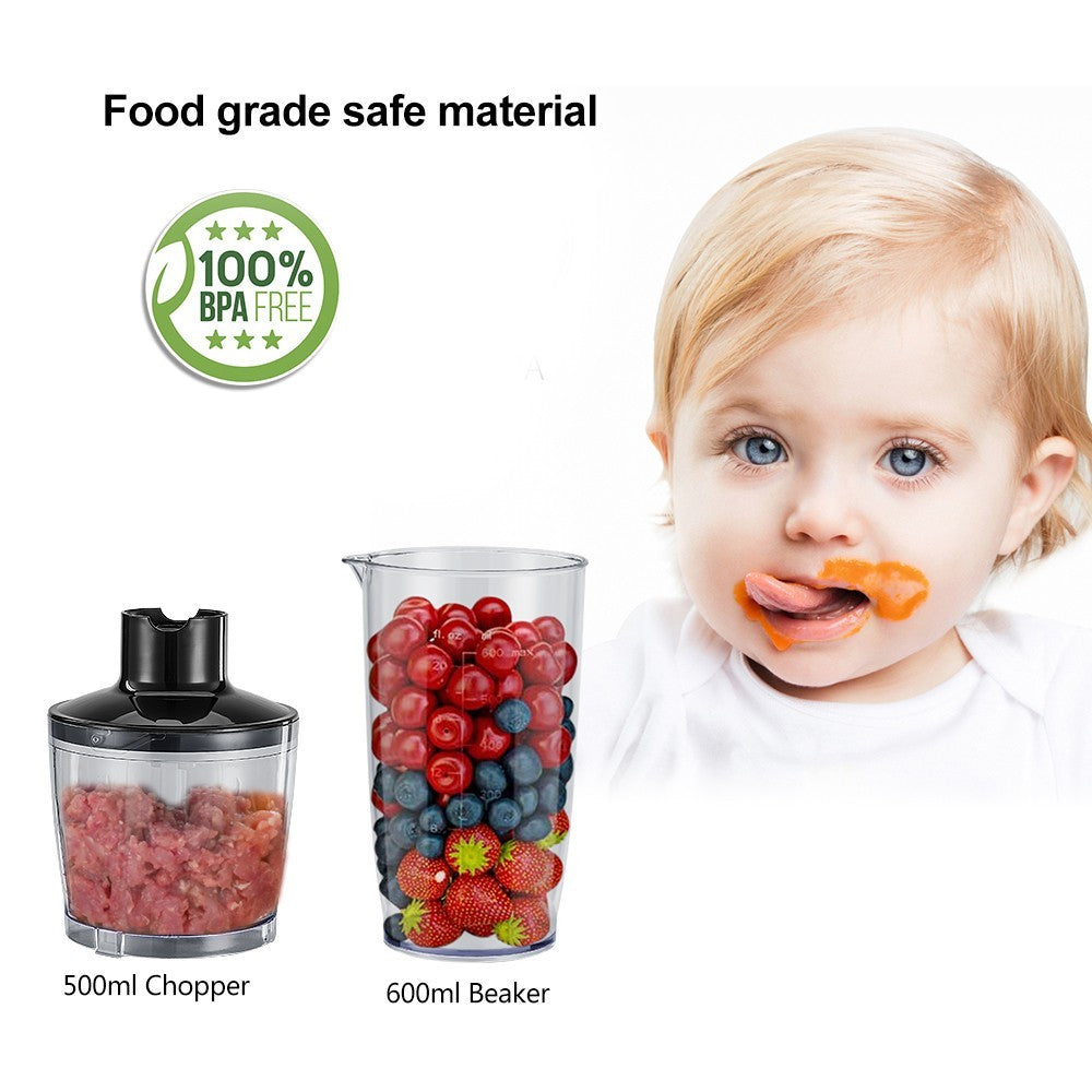 Ručný mixér BioloMix BHB1200 4 v 1 s výkonom 1200 W, 6-stupňové ovládanie, nerezový nôž, 500ml nádoba na sekanie, 600ml pohár na smoothie