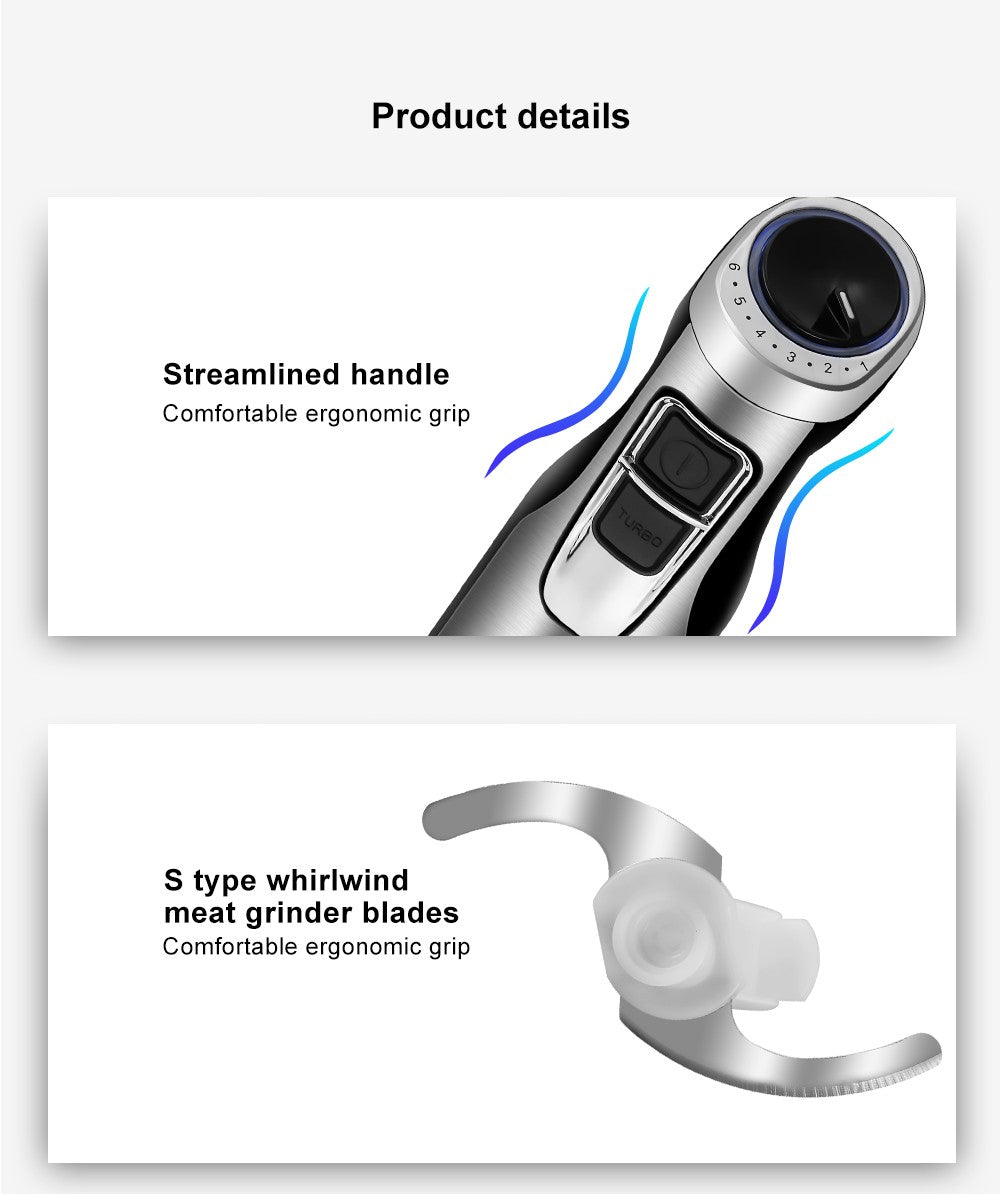 Ručný mixér BioloMix BHB1200 4 v 1 s výkonom 1200 W, 6-stupňové ovládanie, nerezový nôž, 500ml nádoba na krájanie, 600ml pohár na smoothie