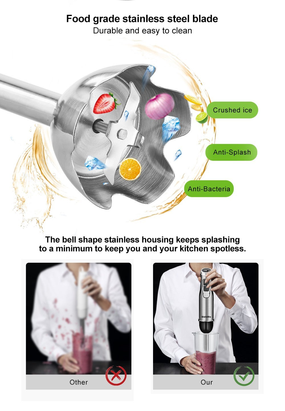 Ručný mixér BioloMix BHB1200 4 v 1 s výkonom 1200 W, 6-stupňové ovládanie, nerezový nôž, 500ml nádoba na sekanie, 600ml pohár na smoothie