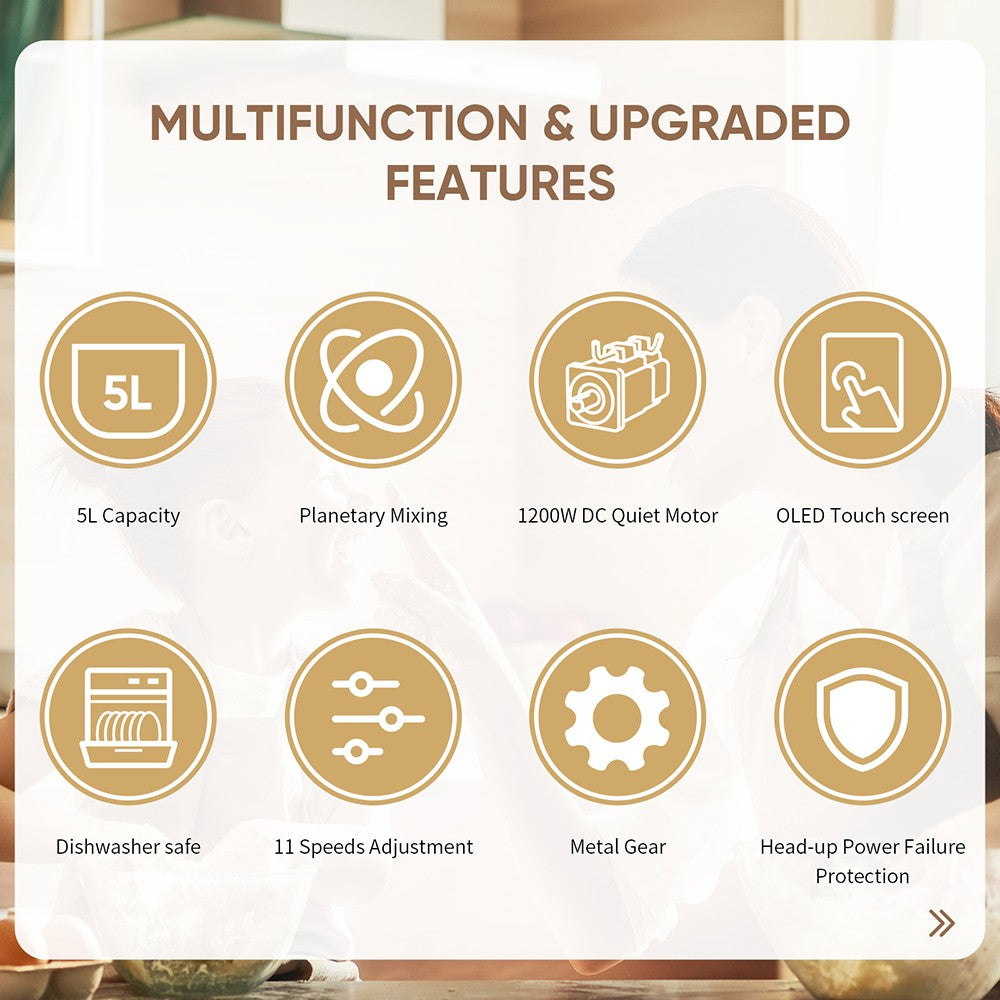 Kuchynský stojanový mixér BioloMix BM602E, 5L, 1200W, 11-stupňový DC motor, digitálny OLED displej, nízka hlučnost, s hákom na cesto, plochým šľahačom a metličkou.