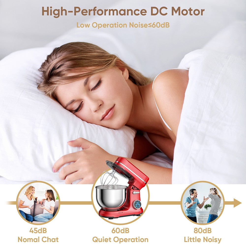 Kuchynský stojanový mixér BioloMix BM602E, 5L, 1200W, 11-stupňový DC motor, digitálny OLED displej, nízka hlučnost, s hákom na cesto, plochým šľahačom a metličkou.