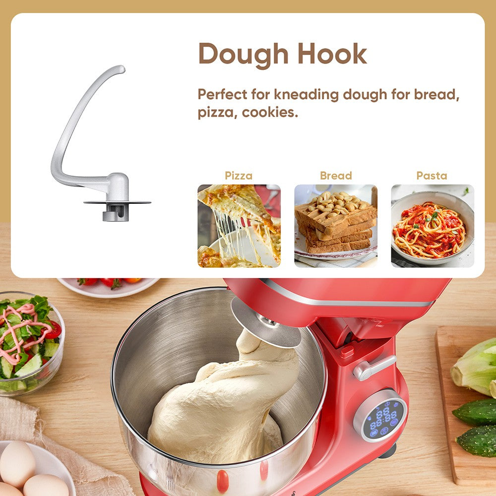 Kuchynský stojanový mixér BioloMix BM602E, 5L, 1200W, 11-stupňový DC motor, digitálny OLED displej, nízka hlučnost, s hákom na cesto, plochým šľahačom a metličkou.