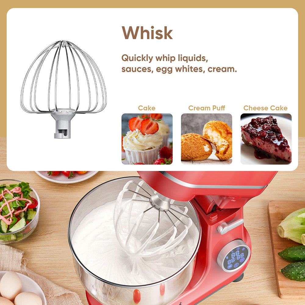 Kuchynský stojanový mixér BioloMix BM602E, 5L, 1200W, 11-stupňový DC motor, digitálny OLED displej, nízka hlučnost, s hákom na cesto, plochým šľahačom a metličkou.