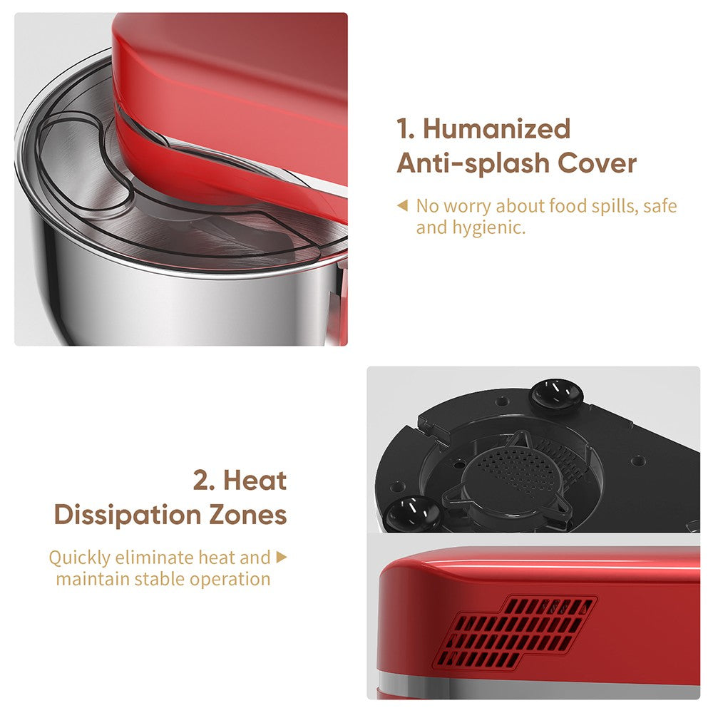 Kuchynský stojanový mixér BioloMix BM602E, 5L, 1200W, 11-stupňový DC motor, digitálny OLED displej, nízka hlučnost, s hákom na cesto, plochým šľahačom a metličkou.