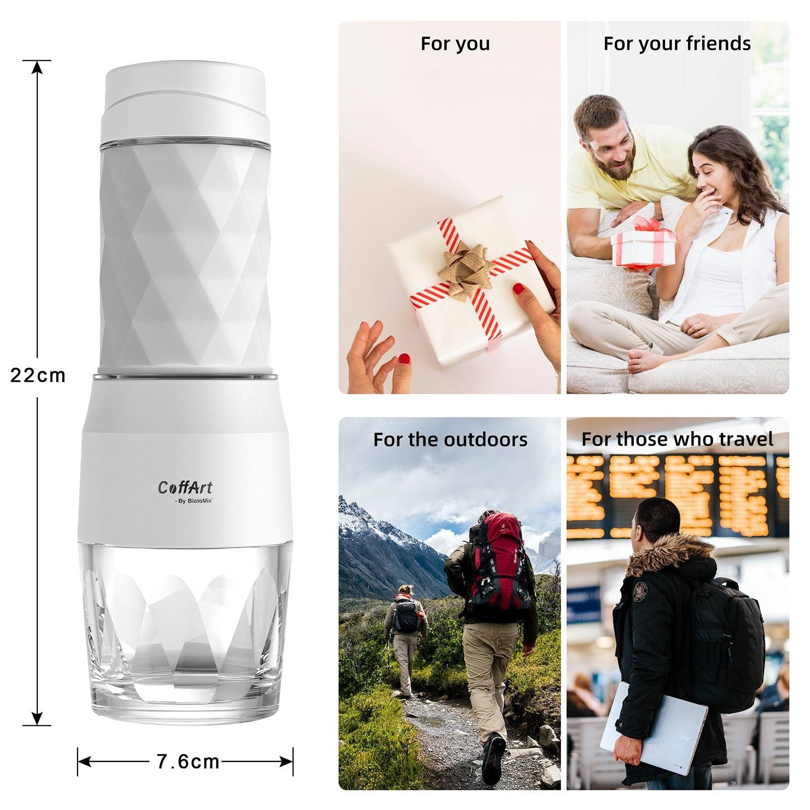 Prenosný kávovar BioloMix HS8439, ručný tlakový kávovar na kapsle a mletú kávu s tlakom 13-18 bar, 80ml nádobka na vodu, na cesty a pikniky - čierna