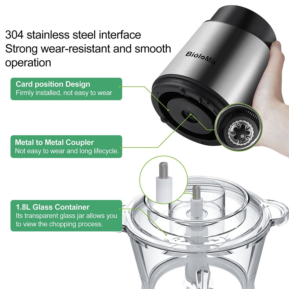 Elektrický mlynček na mäso BioloMix P6001 500W, 1,8L sklenená misa, kuchynský robot, drvič, dve rýchlosti, na zeleninu, cibuľu, cesnak