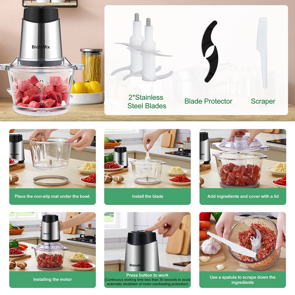 Elektrický mlynček na mäso BioloMix P6001 500W, 1,8L sklenená misa, kuchynský robot, drvič, dve rýchlosti, na zeleninu, cibuľu, cesnak