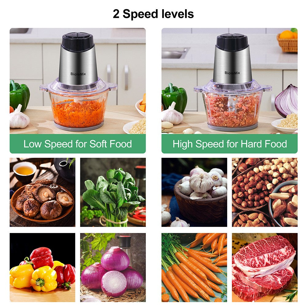 Elektrický mlynček na mäso BioloMix P6001 500W, 1,8L sklenená misa, kuchynský robot, drvič, dve rýchlosti, na zeleninu, cibuľu, cesnak